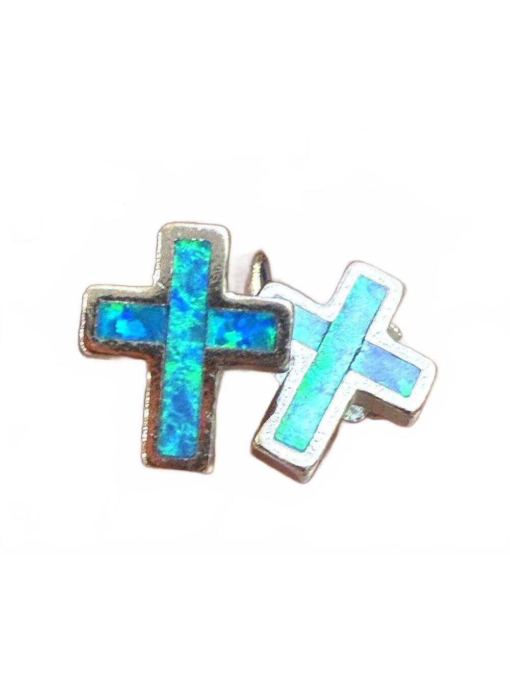 Opal Inlay Cross Stud Earrings Silver
